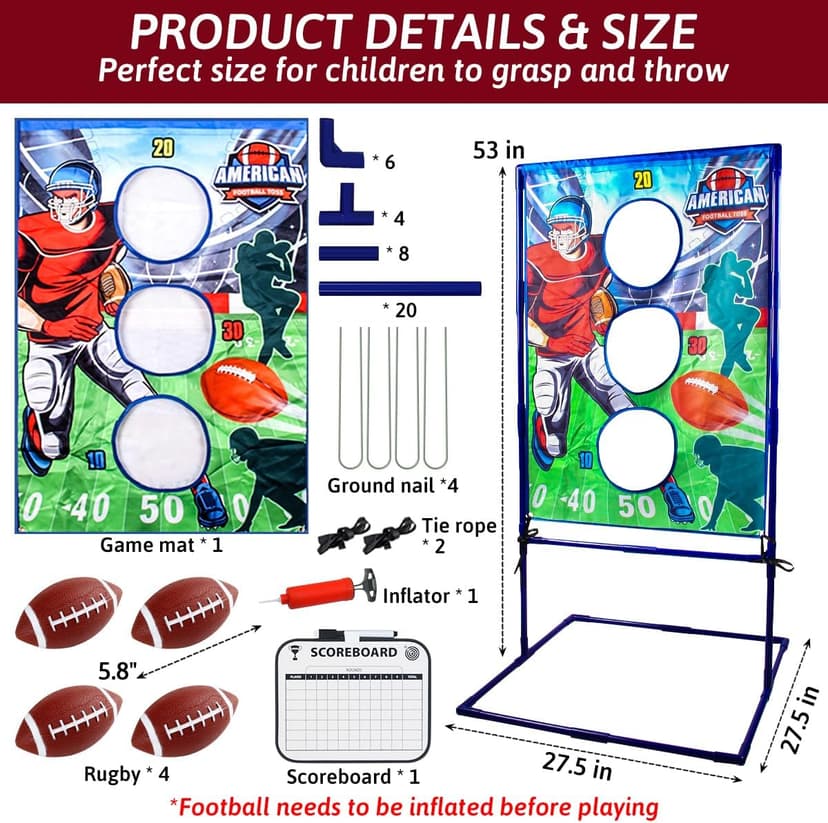 Football Toss Game with 4 Inflatable Balls, Football Throwing Target Games for Boys 8-12, Sports and Outdoors Toys for Kids Ages 3+