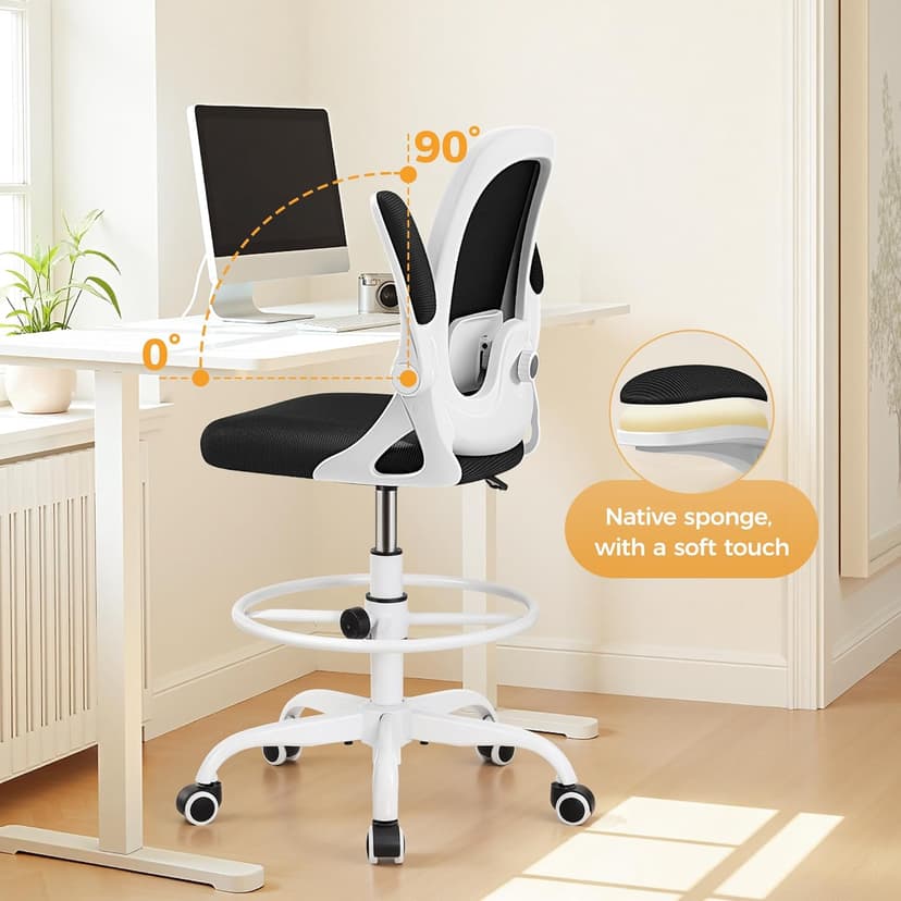 Primy Home Office Drafting Chair - Tall Desk Chair with Flip-up Armrests 3D Lumbar Support, Comfort Drafting Chair with Footrest for Standing Desk, High Chair for Bar Study Work