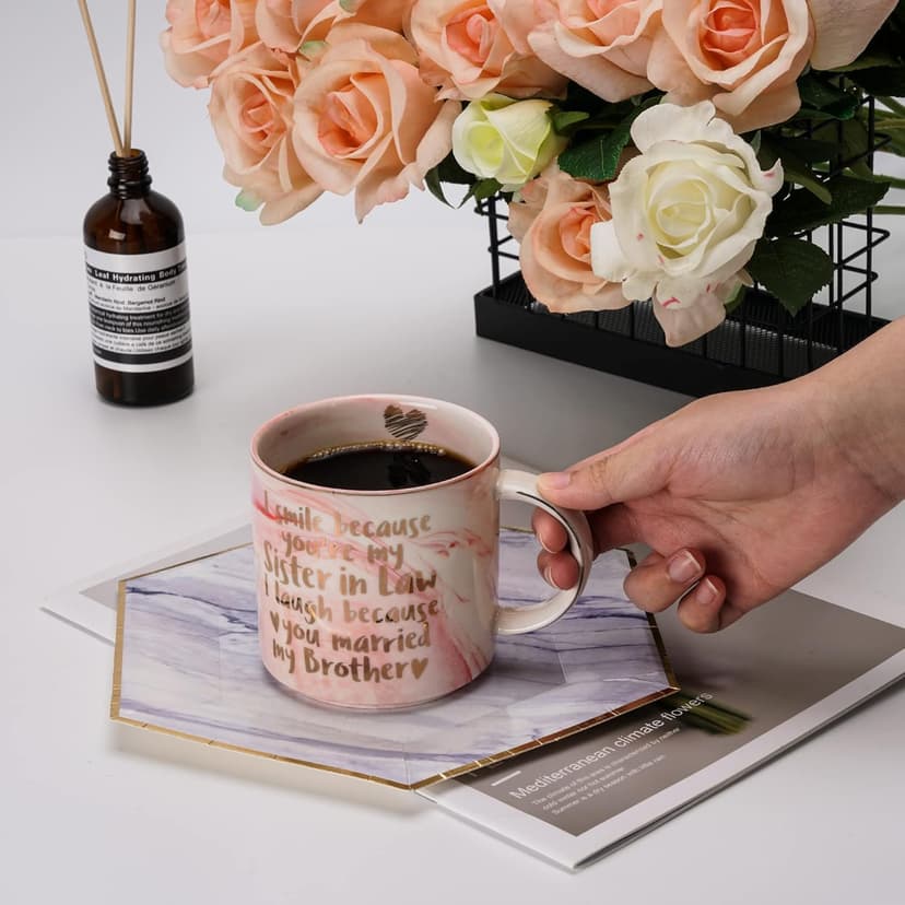Hendson Sister In Law Gifts for Christmas - Funny Sister In Law Birthday Gift, Sis Engagement, Wedding Gift, New Sis InLaw, SIL To Be, Christmas - I Smile Because - Pink Marble Mug, 11.5oz Coffee Cup