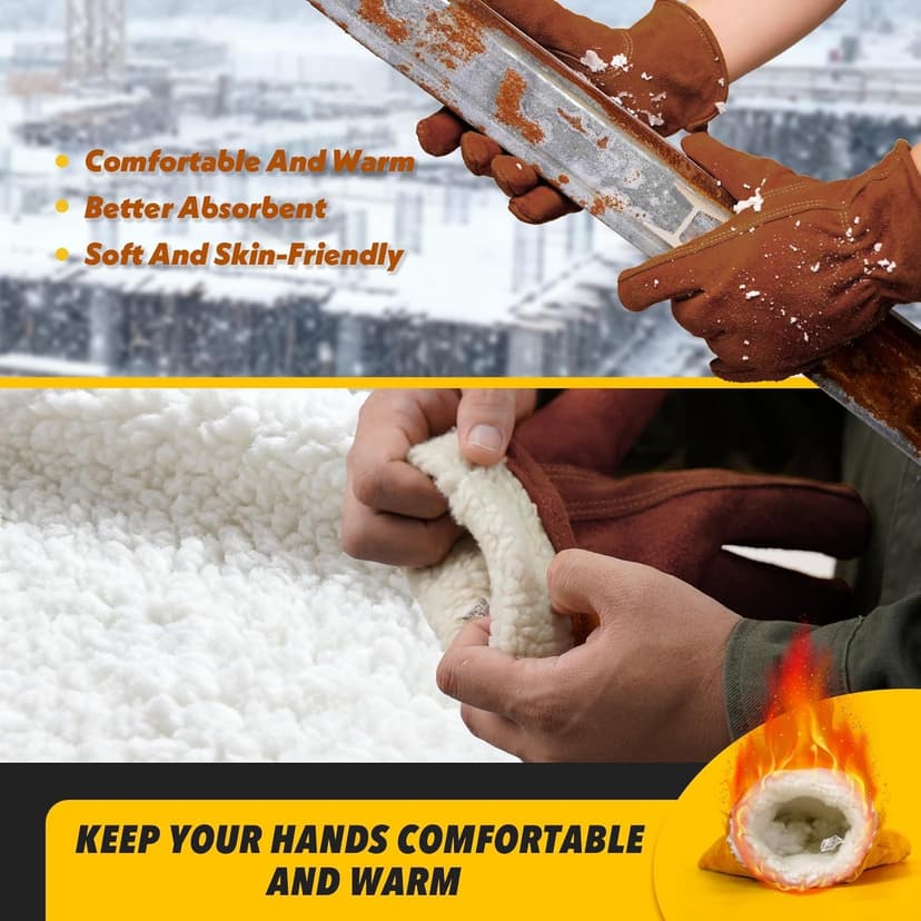 DLY Winter Work Gloves, Water-Resistant, Insulated, Puncture and Abrasion Resistant, Cowhide Durable gloves Warm Thick