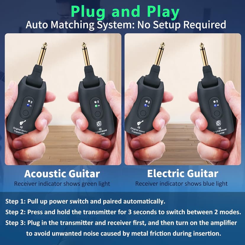 A9 Wireless Guitar System - 2.4GHz Guitar Accessories Transmitter Receiver, 24-bit 48KHz Audio, 100ft Range, No Latency, 4-Hour Rechargeable Battery, for Electric Bass (Black(1TX+1RX))