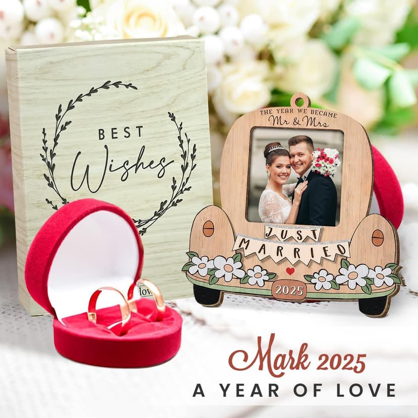 Just Married Personalized Christmas Ornaments - Wedding Gifts for Couples 2025, Bridal Shower Gift for Bride, Custom Wooden Ornaments with Picture, Newly Wed Gifts for The Couple Mr and Mrs Engagement