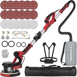 Drywall Sander, Popcorn Ceiling Removal Tool, 1000W Drywall Sander with Vacuum Dust Collector, 6 Variable Speed 500-2000rpm, 18pcs Sanding Discs, Led Light, Foldable & Extendable Handle