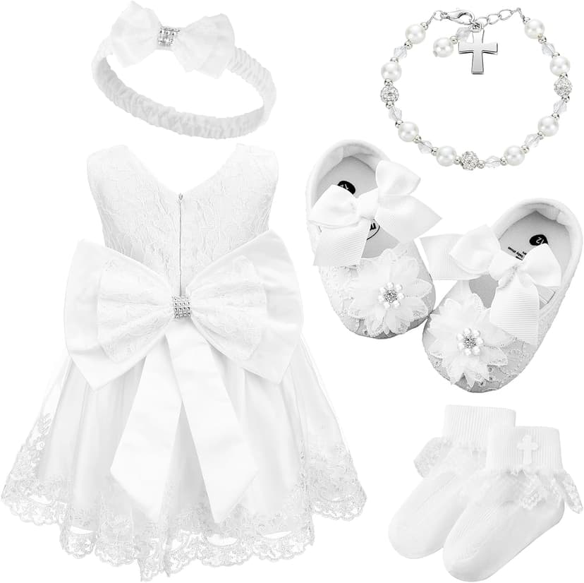 5 Pcs Baby Girl Baptism Outfit Includes Lace Christening Dresses Bowknot Headwear Cross Charm Bracelet Socks Shoes