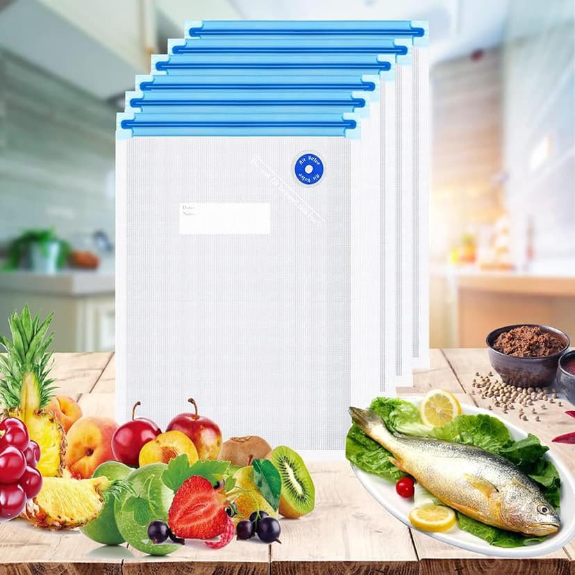 Reusable BPA Free Vacuum Sealer Bags (8.5 * 8.5in), 31 Pcs (24 Pcs Vacuum Zipper Bag & 2 Seal Clips & 5 Air Valves), Plastic, Clear, Double Zipper Seal, Microwaveable, Food Storage, Cooking