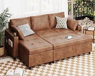 JFHID Leather Sleeper Sofa Couch with Pullout Bed, 80'' Sofa Bed Pull Out Couch with Reversible Storage Chaise, Sectional Couches with USB Charging Ports&Cup Holders for Living Room, Brown