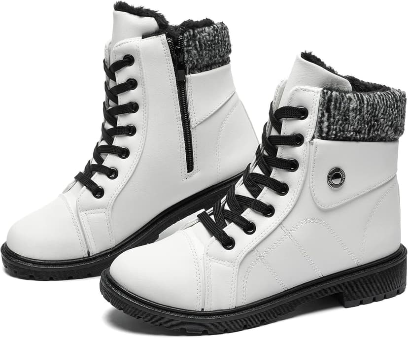 FRACORA Women's PU Leather Combat Boots Warm Fur Lined Black Ankle Booties Side Zipper White Boots Non-slip Winter Boots