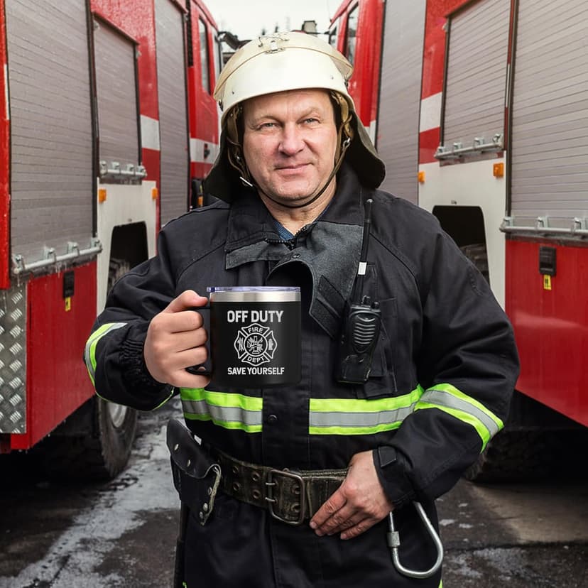 Lifecapido Firefighter Gifts for Men, Off Duty Save Yourself 14 oz Insulated Coffee Mug, Fireman Gifts for Men, Birthday Christmas Gift for Firefighters, Firemen, Boyfriend, Dad, Uncle, Black
