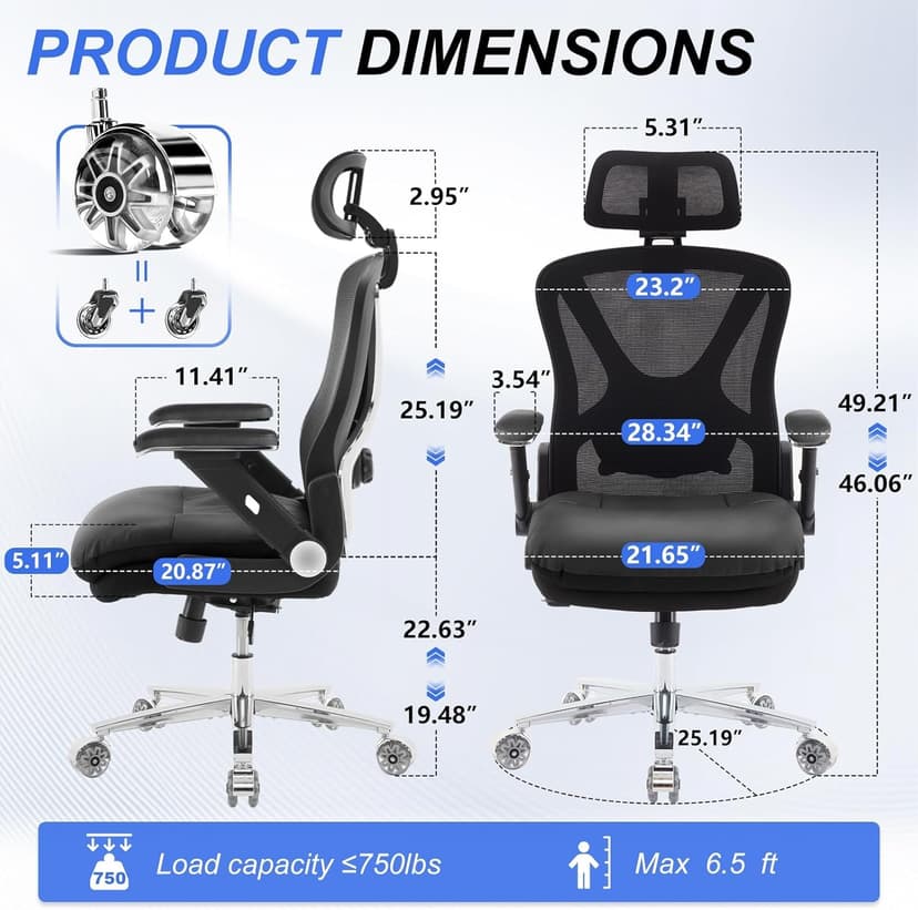 750lbs Ergonomic Office Chair,Upgrade Big and Tall Office Chairs for Heavy People,Mesh High Back Desk Chair with 5D Flip Arms Large Wheels,Adjustable Headrest & Lumbar Support,Wide Chairs