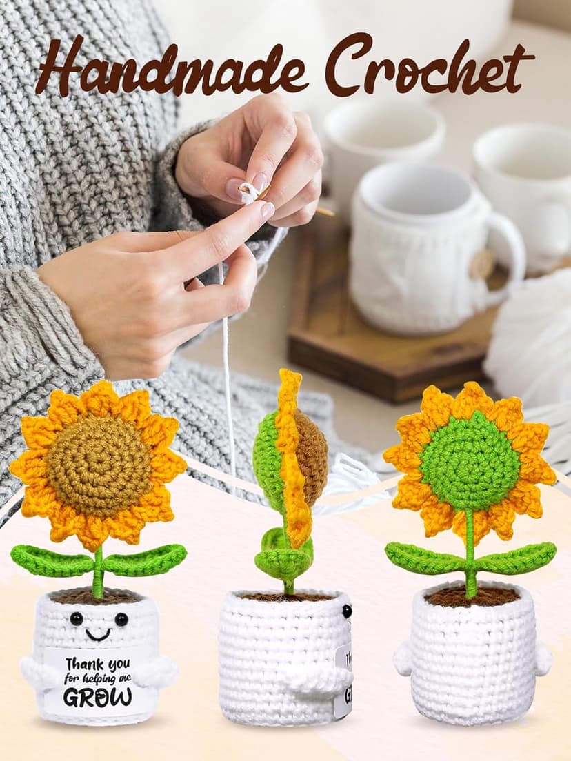 U-Goforst Teacher Appreciation Gifts, Emotional Cheer Thank You Gifts for Women Boss Coworkers Friends, Support Positive Handmade Crochet Sunflower Pot for Birthday Christmas Last Day of School