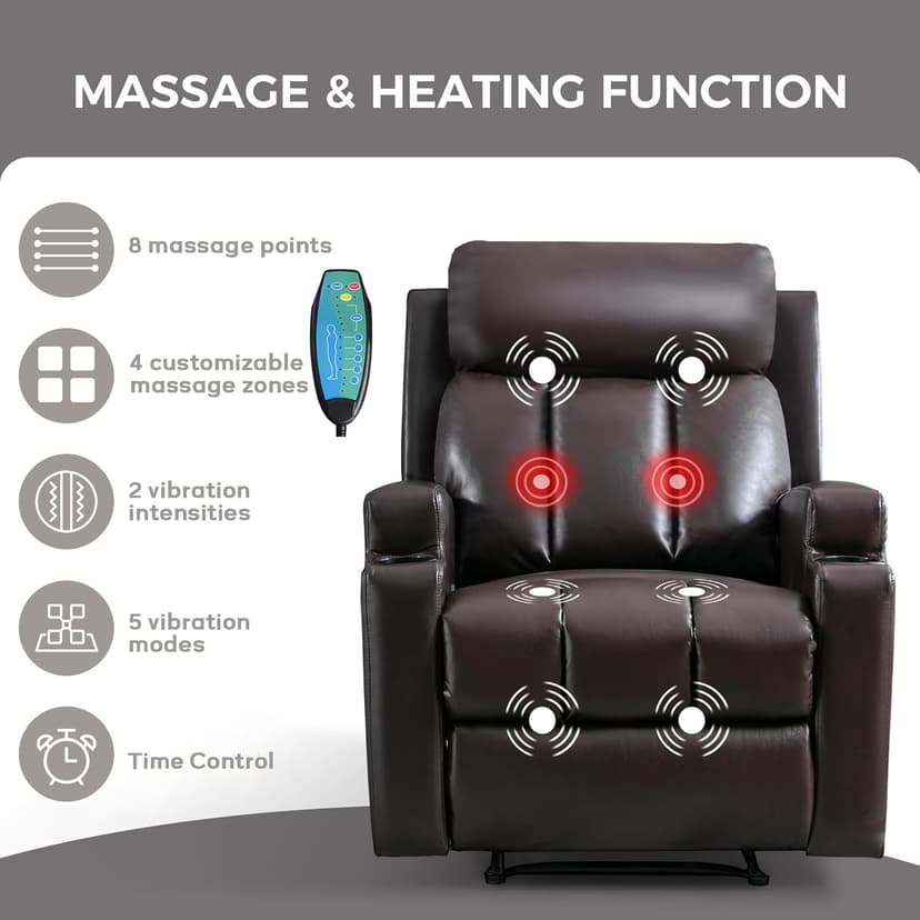 CANMOV Manual Recliner Chair with Massage and Heat,Breathable Leather Recliner Chair with Armrest and Backrest, Manual Reclining Single Sofa with 2 Cup Holders, Side Pocket for Living Room,Dark Brown