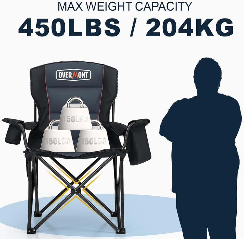 Overmont Oversized Folding Camping Chair - 450lbs Support with Padded Cushion Cooler Pockets - Heavy Duty Collapsible Chairs for Sports Garden Beach Fishing