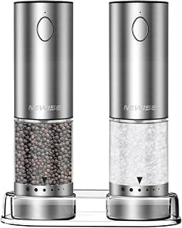 Salt and Pepper Shakers with Adjustable Coarseness, LED Lights, Large Capacity, Kitchen Appliances Gifts for Women Newise Electric Salt and Pepper Grinder Set, Rechargeable, Stainless Steel B0CZCNDWYB