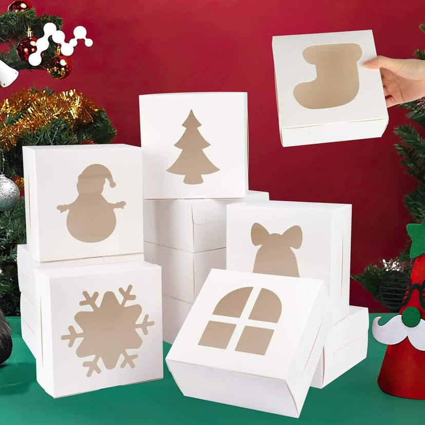 12 PCS Christmas Cookie Boxes, 6×6×3 Inches Treat Boxes Tin, Small Pastry Boxes with Window, for Gift Giving Packaging Dessert Bakery Cupcake Baked Goods (White)