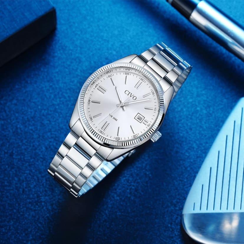 CIVO Analog Mens Watches Silver: Wrist Watches with Date Easy to Read - Dress Stainless Steel Watch for Men Gifts for Husband Father at Birthday Anniversary