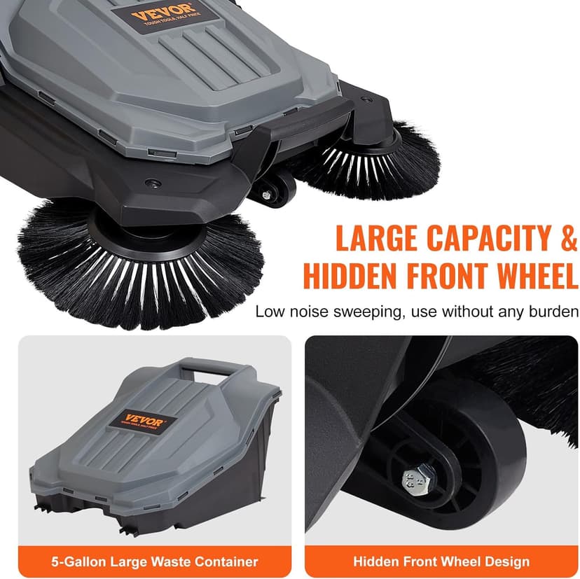 VEVOR Walk-Behind Hand Push Floor Sweeper, 25.6" Sweeping Width Floor Sweeper Manual Non-Electric, 5-Gallon Waste Container, Angle & Height Adjustable Folding Handle for Walkway, Yard, Garage, Patio