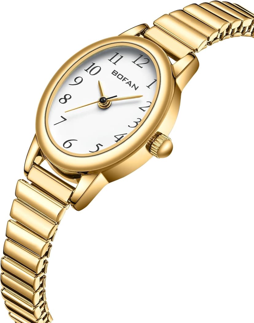 BOFAN Small Gold Watches for Women Easy Read Ladies Quartz Wrist Watch with Stainless Steel Expansion Band,Waterproof.