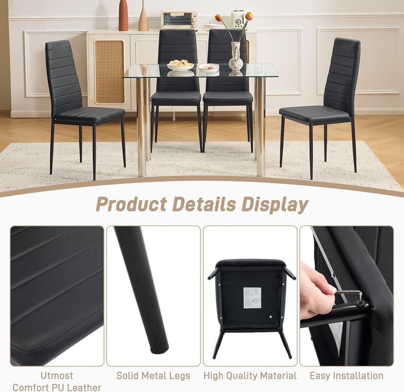 Karl home Dining Chairs Set of 4, PU Leather Balck Kitchen Chairs with Padded High Back & Foot Cap Protection for Dining Kitchen Living Room,300lbs Capacity,Space-Saving