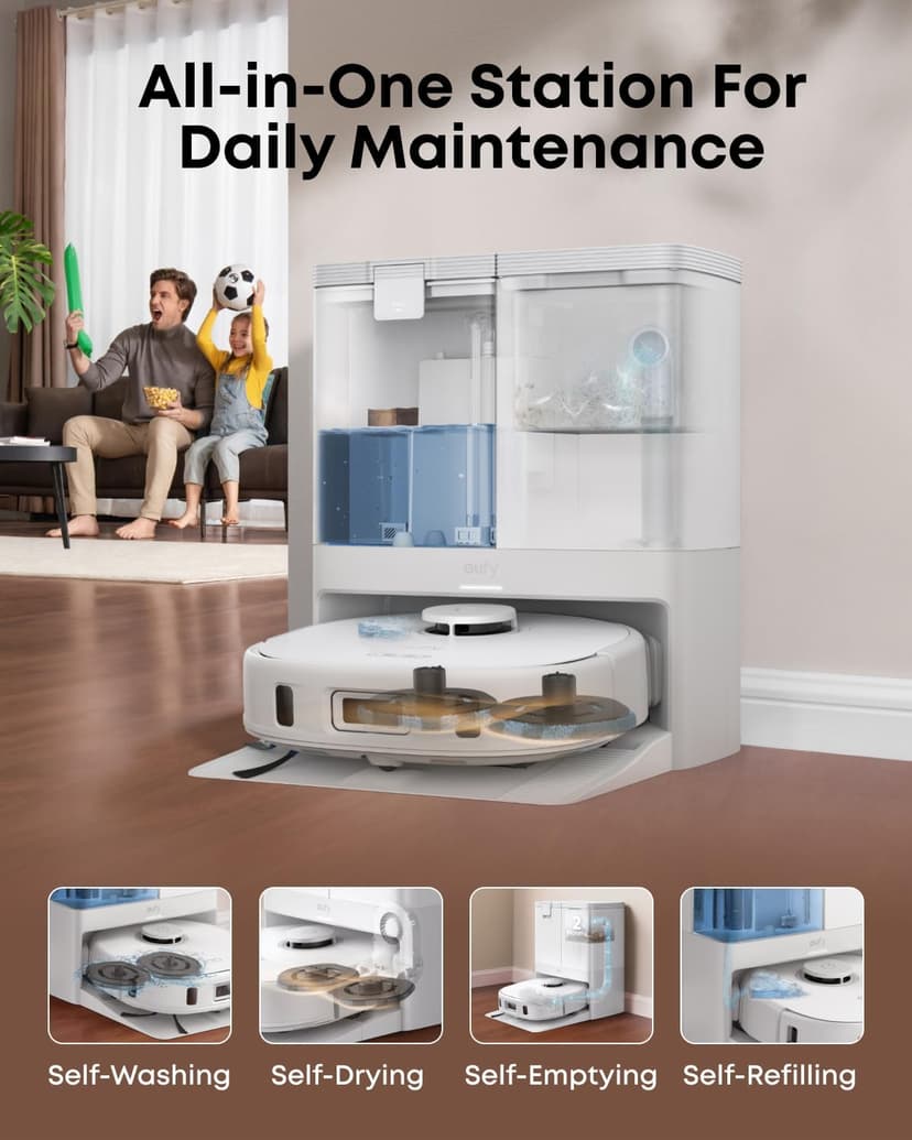 eufy X10 Pro Omni Robot Vacuum and Mop Combo, Incredible Suction, Dual Mops with 12 mm Auto-Lift and Carpet Detection, AI Obstacle Avoidance, Auto Mop Washing&Drying, Self-Emptying, White