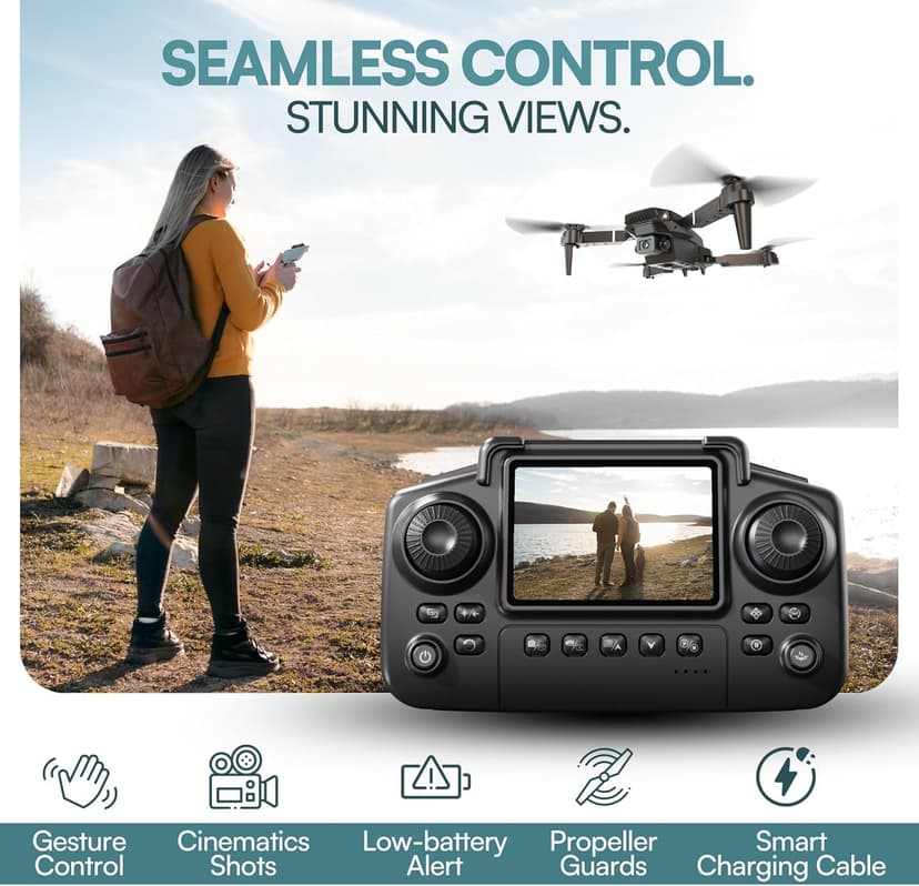 Falcon X 4K Drone - 4K UHD Camera Drone, Built-in Screen Remote Controller, WiFi FPV Foldable Quadcopter for Beginners & Adults, Includes 3 Batteries, SD Card & Reader