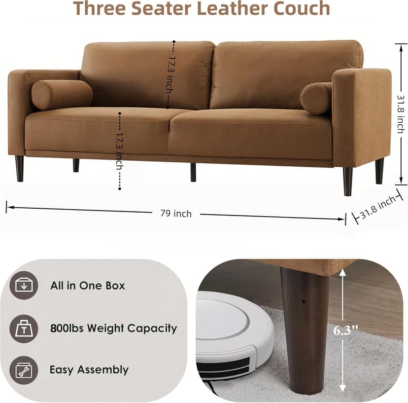 HIFIT Sofa Couches, 79” Mid-Century Modern Couch, Breathable Faux Leather Couch with Upholstered Cushions/Pillows, 3-Seat Sofas & Couches, for Living Room Apartment Office, Brown