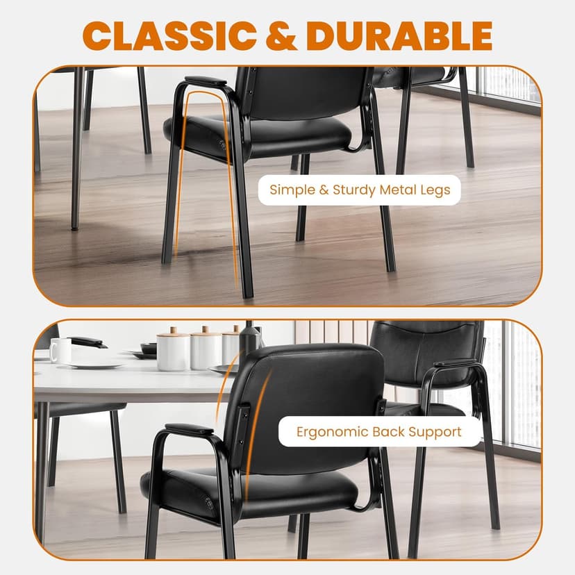 Sweetcrispy Office Reception Guest Chair No Wheels Set of 2, Leather Stationary Waiting Room Chairs with Padded Arms for Elderly Desk Conference Room Lobby Table Side Salon, Inky