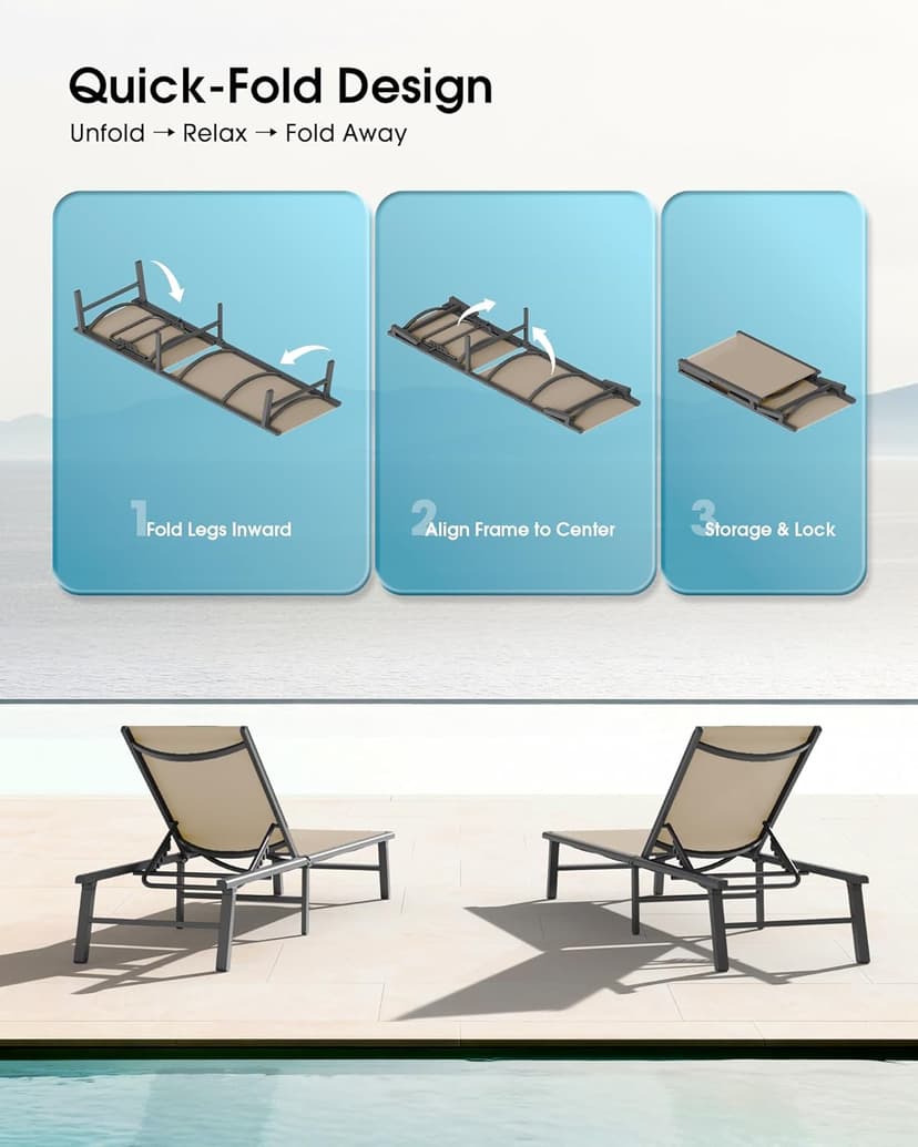 Ciokea Foldable Outdoor Lounge Chair, No Assembly Patio Chaise Lounge Outdoor with 5-Positions, Aluminum Pool Lounge Chair with Portable Design for Pool, Beach, Deck, Backyard, Khaki