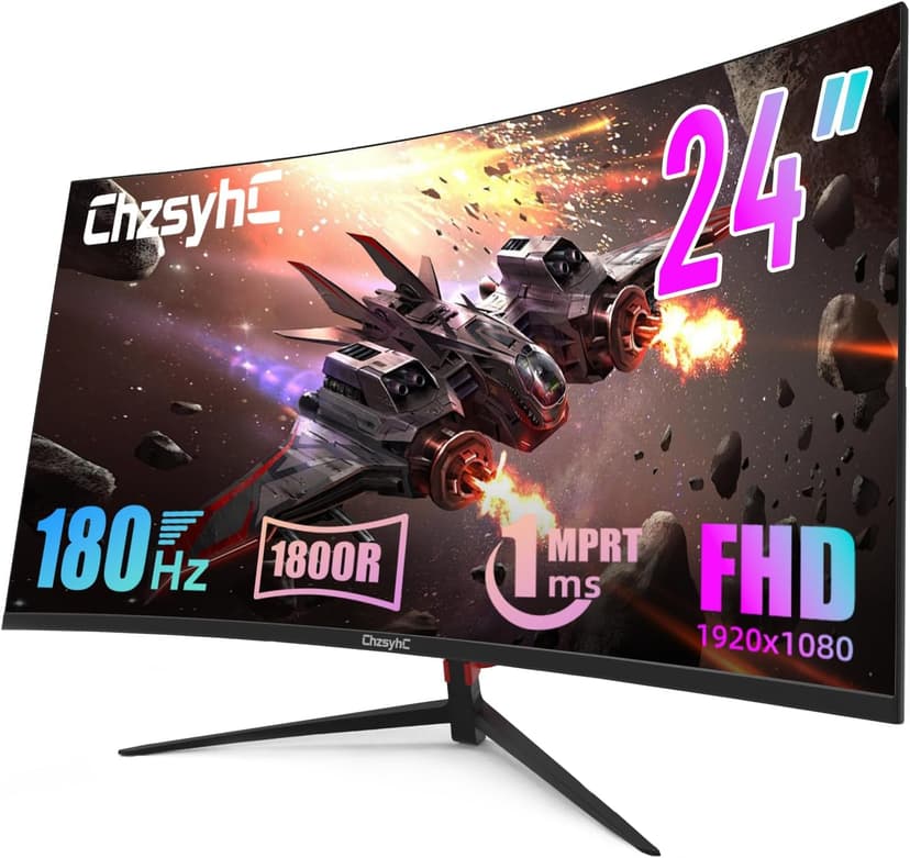 24 Inch Curved 180Hz Gaming Monitor, 1800R Curved Gaming Monitor, 1ms MPRT, FHD(1920×1080P), Freesync, HDMI2.0,DP1.4, VESA Mountable(HDMI Cable Incl.)