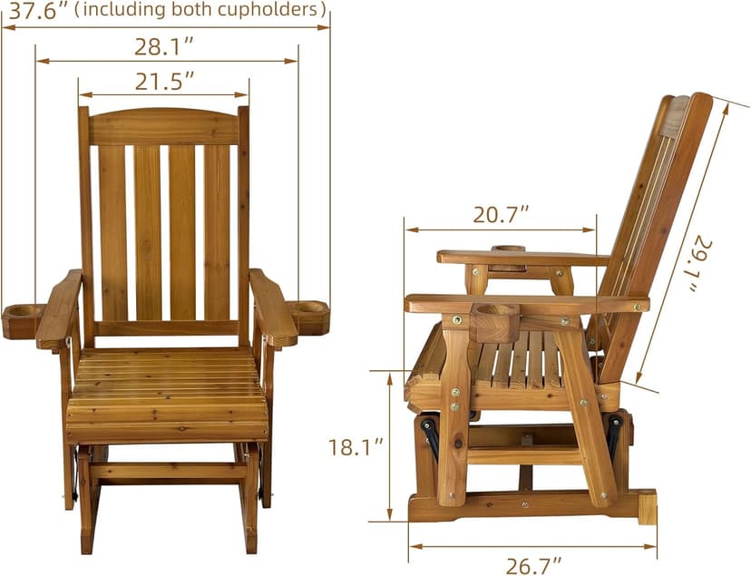 Fortune Candy Wooden Patio Glider for One Person, with High Back and Deep Contoured Seat, Solid Fir Wood, Heavy Duty 600 LBS (Cedar Tone, 1-Seater)