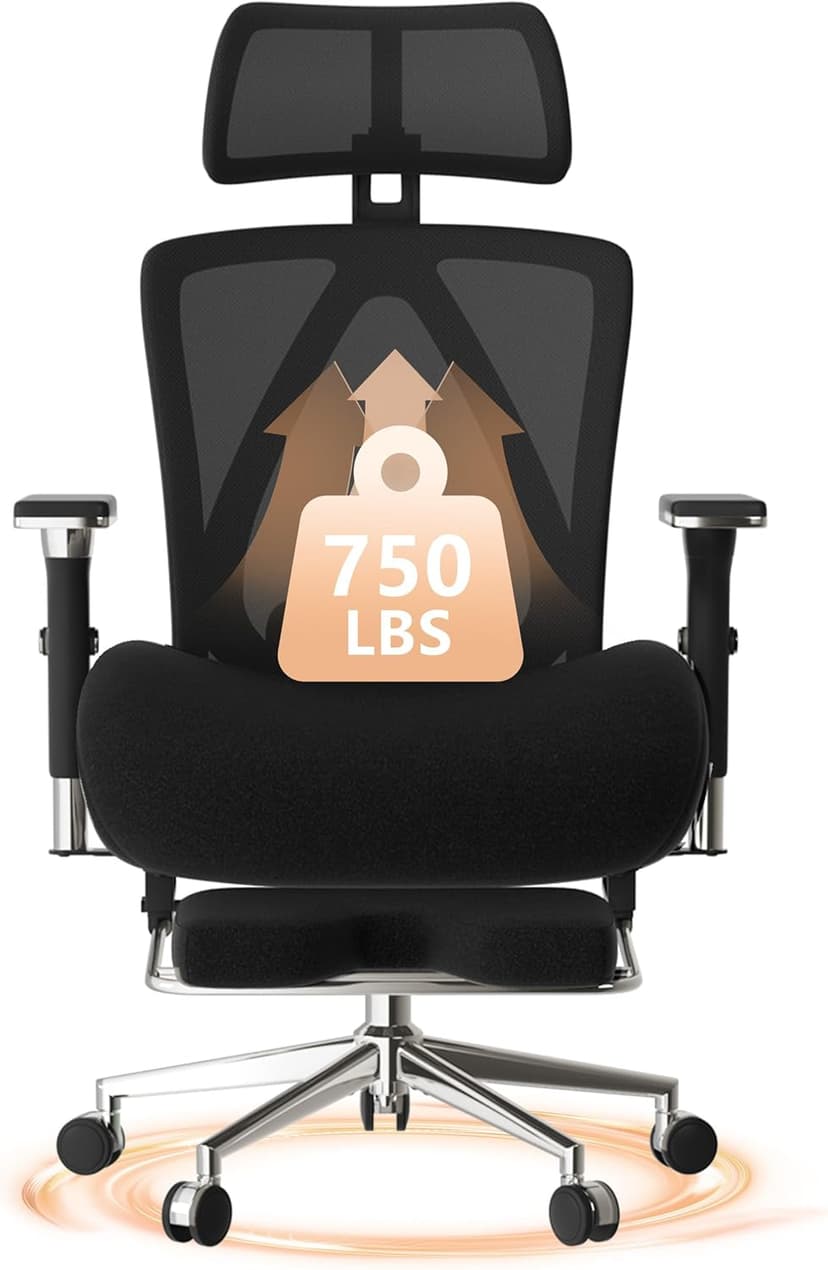 750lbs Big and Tall Office Chair with Wide Thick Seat Cushion,Ergonomic Mesh Office Chairs for Heavy People,Computer Desk Chair with 4D Armrests,Adjustable Lumbar Support for Long Hours Daliy Work