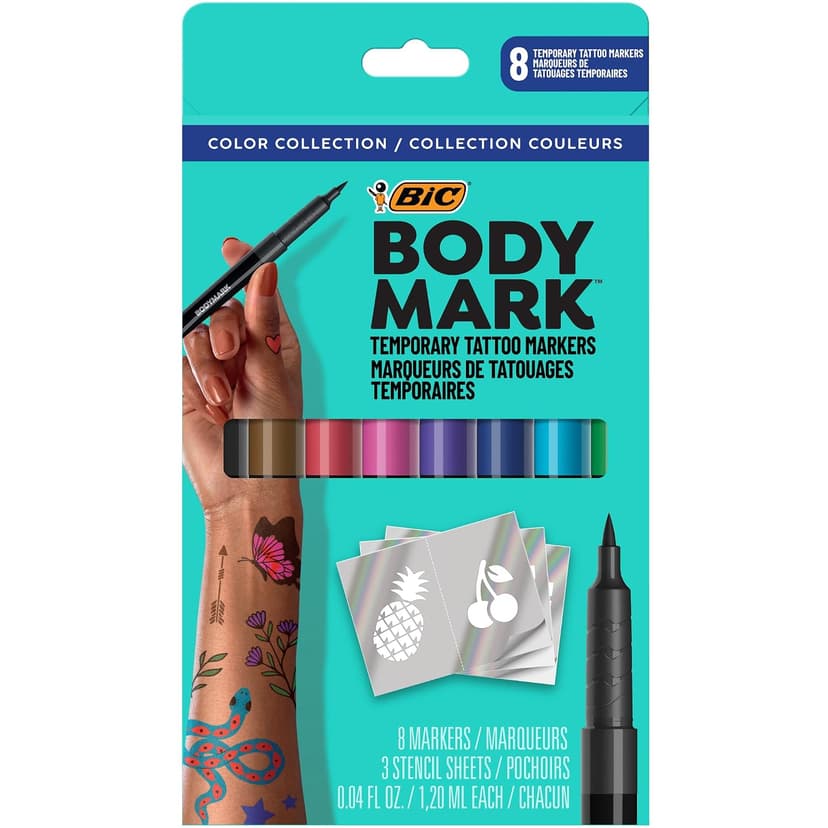 BIC BodyMark Temporary Tattoo Marker with Cosmetic Quality and Skin Safety, 8-Count in Assorted Colors