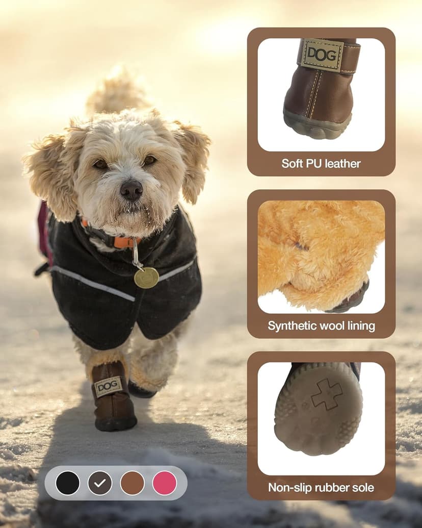 Winter Dog Boots & Paw Protectors: Outdoor Anti-Slip Dog Snow Shoes, Dog Booties Provide Warmth to Dogs Paws from Ice and Snow, Rubber Sole PU Leather Faux Fleece-Lined, Dark Brown Dog Shoes Size 7