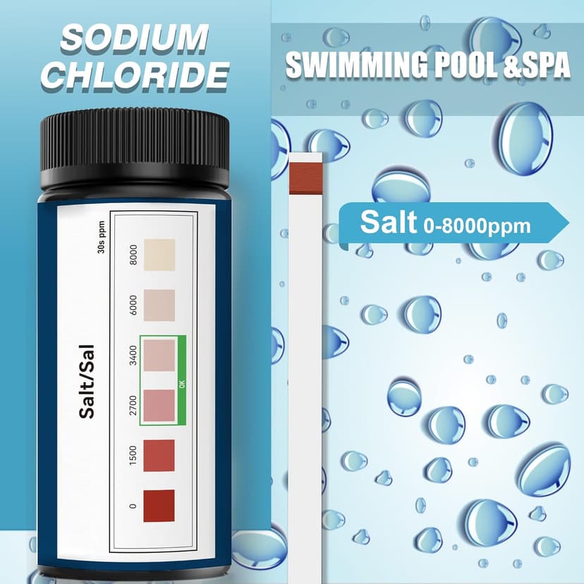 Saltwater Pool Test Strips, 0-8000 ppm, Salt Test Strips Kit for Sodium Chloride Swimming Pool and Spa Test Strips-Quick and Accurate Results