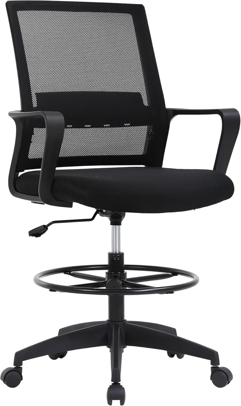 BestOffice Drafting Chair Tall Office Chair Adjustable Swivel Rolling Mesh Height with Lumbar Support Arms Footrest Mid Back for Adults Standing Desk Drafting Stool(Black)