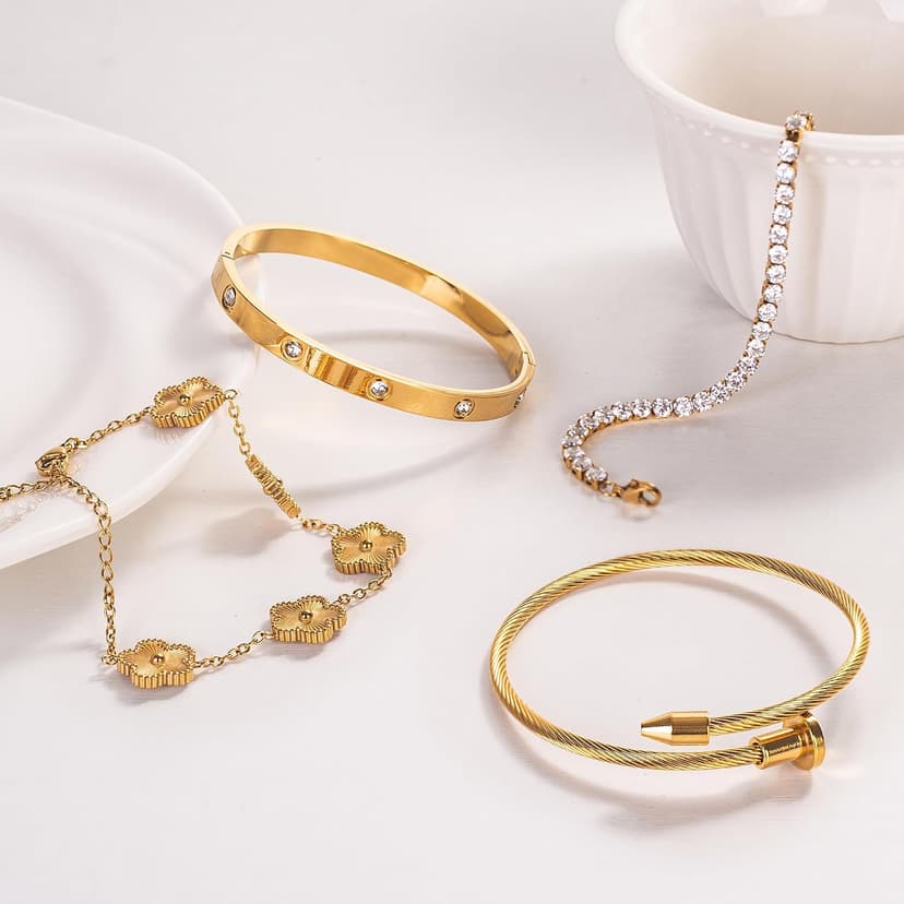 18K Gold Plated Bangle Bracelet Set for Women Stackable Lucky Floral Adjustable Tennis Bracelet Non Tarnish Gift Jewelry for Christmas Valentines Birthday Mother's Day B0FH8ZYLJL