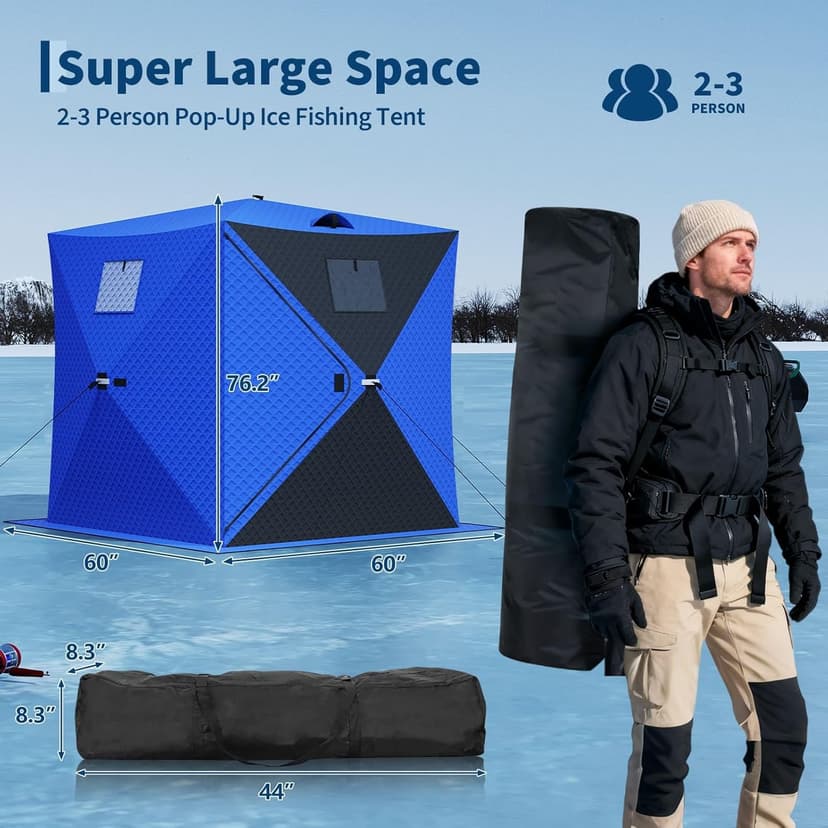 Garvee Pop Up Ice Fishing Shelter and Insulated Ice Fishing Tent with 49ft LED Light Strip, Windproof Portable Hub Design, Fits 1-8 People, 25-69 sq ft Fishable Area, Blue+Black