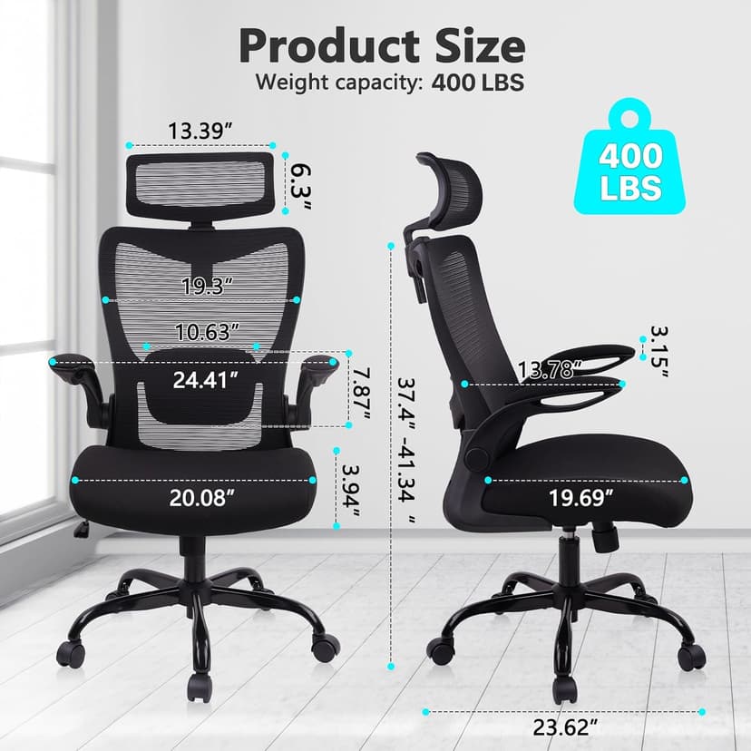 CLATINA Heavy Duty Ergonomic Mesh Office Chair 400LBS, Big and Tall Desk Chair with Adjustable Lumbar Support & Headrest, Flip Up Padded Arms, Swivel Computer Chair for Home, Study, Conference, Black