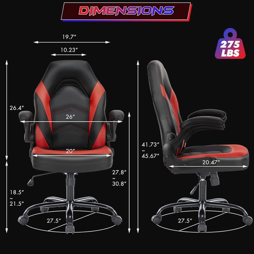 Sweetcrispy Computer Gaming Chair - PU Leather Ergonomic Lumbar Support with Flip-up Armrest and 360° Swivel Wheels, Height Adjustable Task Home Office Desk Video Racing, Red