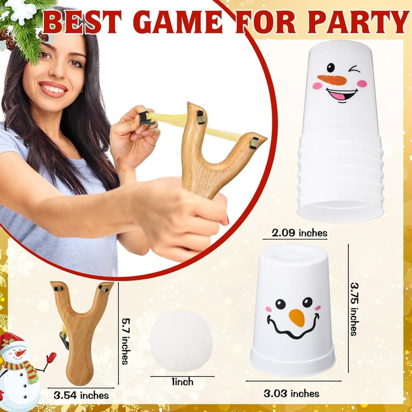 Leitee Christmas Party Games for Family Kids Adults Christmas Games with 24 Stacking Cup 2 Wooden Slingshot 2 Spare Slingshot Rubber Band 20 Felt Fake Snowball for Toss Carnival Parties Group Xmas Fun