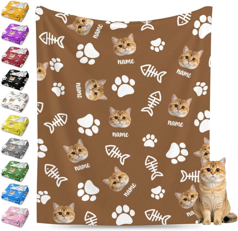 Personalized Cat Face Blanket Throws with Photos, Custom Pet Face Blanket, Cat Gifts for Pet Lovers, Customized Puppy Blanket for Adult Kid Birthday Christmas Fathers Mothers Valentines Gift