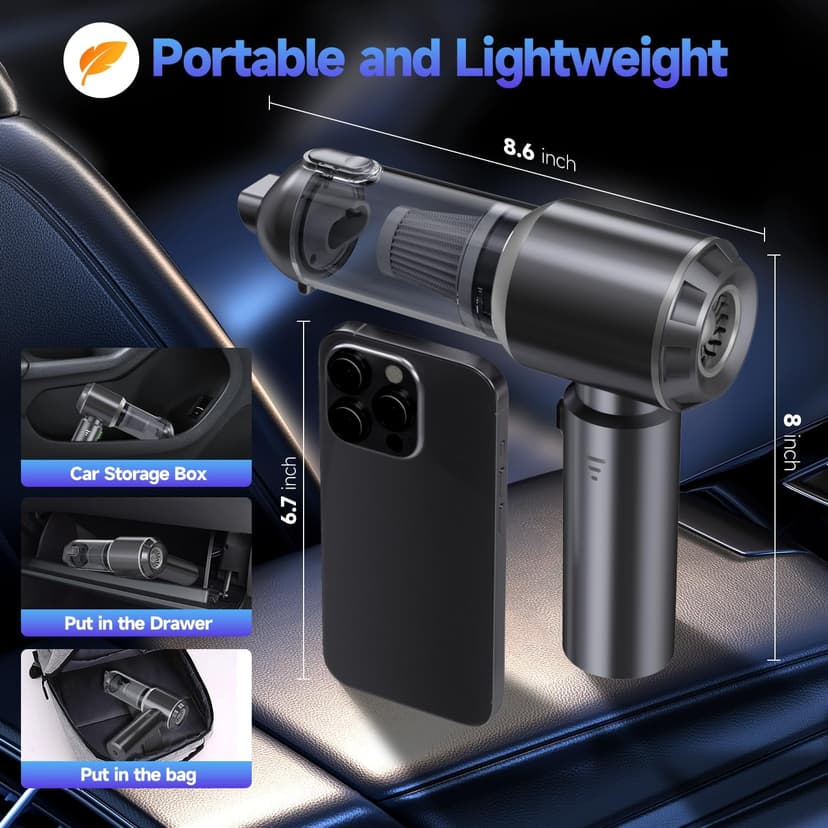 Car Vacuum Portable Cordless, Small Handheld Vacuum Cleaner with 24000PA High Power Suction, Mini Vacuum Cordless Rechargeable with One-Touch Empty, 10-in-1 Hand Vac for Car Home Office Dust