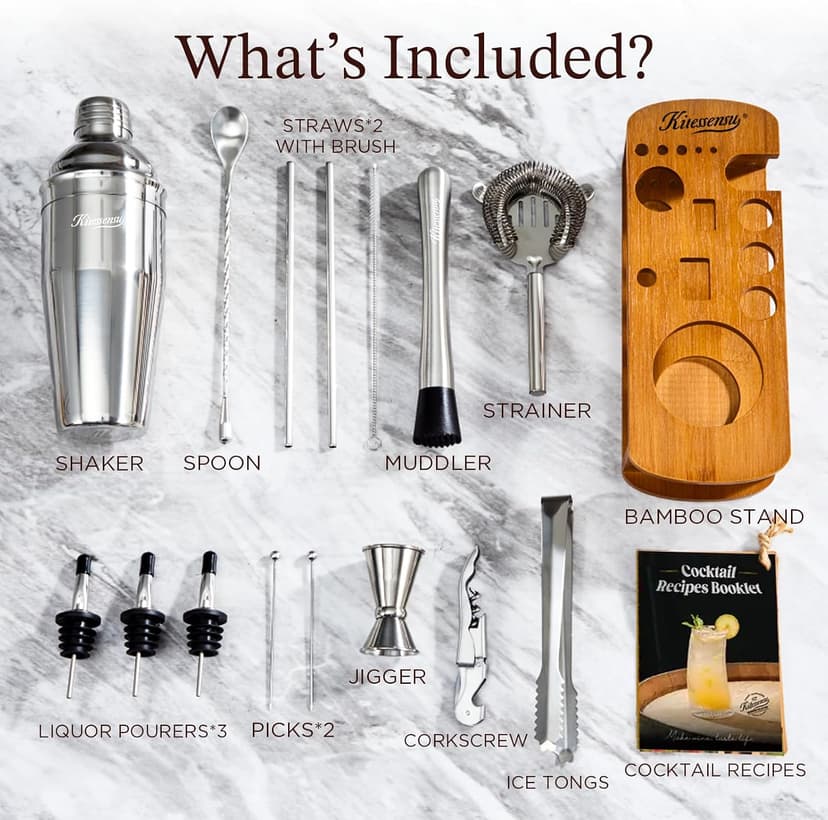 KITESSENSU Cocktail Shaker Set Bartender Kit with Stand | Bar Set Drink Mixer Set with All Essential Accessory Tools: Martini Shaker, Jigger, Strainer, Mixer Spoon, Muddler, Liquor Pourers |Silver B08BYJ8KSR