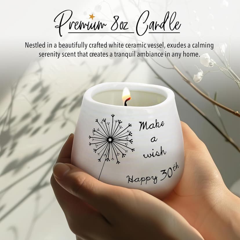 Pavilion - 8 Oz Candle Holder - White Ceramic Candle Jar with 100% Soy Wax Candle Serenity Scent "Make a wish Happy 30th" Ideal Gift for Loved Ones - Printed Text, Love Theme & Oval Shape