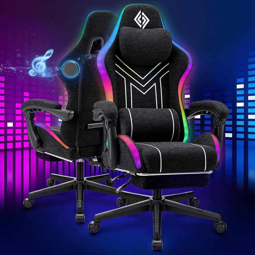 HOFFREE RGB Gaming Chair with Music Rhythm LED Lights and Bluetooth Speakers Fabric Ergonomic Game Chair 155° Reclining Computer Chair with Footrest Video Game Chairs for Adults Gaming & Office Black