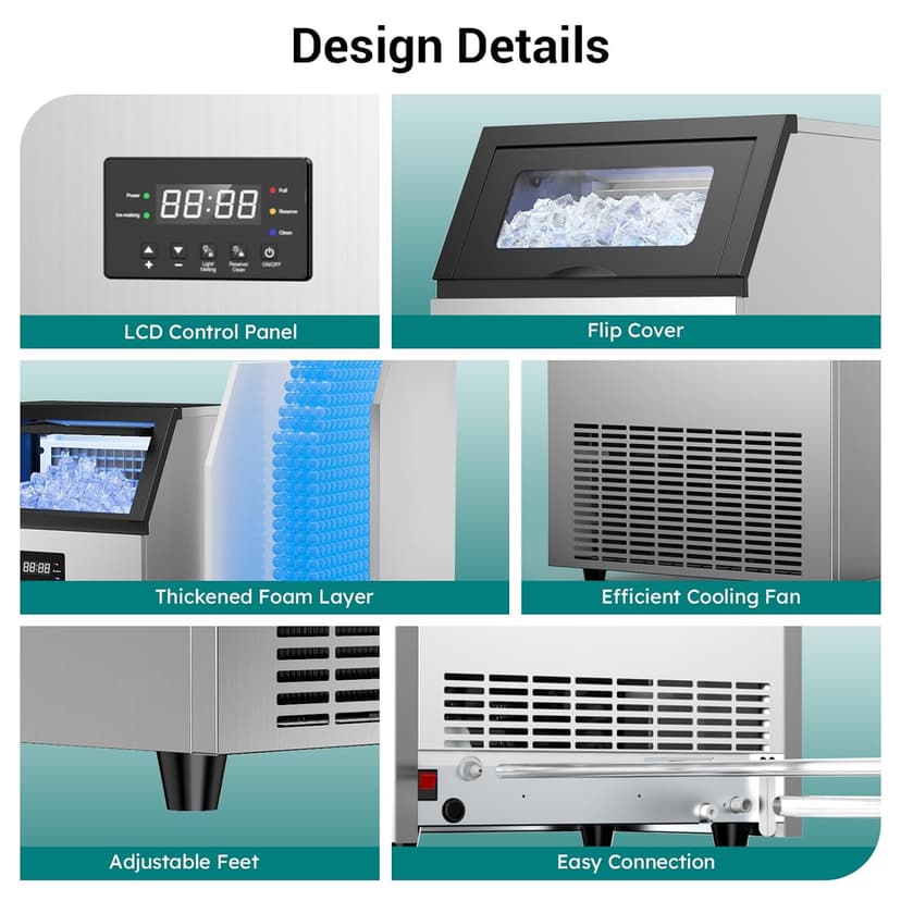 ETL Approval Commercial Ice Maker Machine 150 Lbs/24H Stainless Steel, with 50Lbs Bin, Under Counter or Freestanding Ice Maker, 55 Ice Cubes in 8-15 Minutes for Home & Commercial
