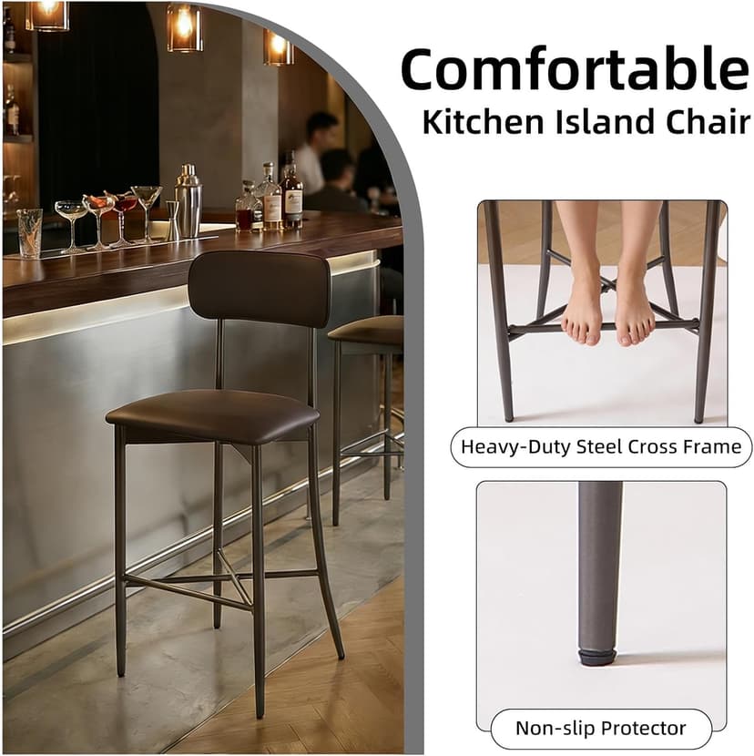 26.3 Inch Counter Height Bar Stools, Modern Counte Stools with Backrest,Counter Height Chairs with Leather Seat, Sturdy Frame and Footrests for Kitchen Island, Dining Room, Counter,Dark Gray