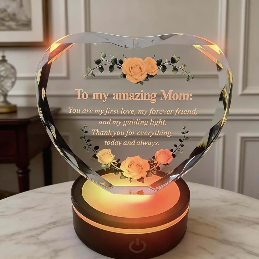 Premium K9 Crystal, Laser Engraved, 6-Color USB LED Base, Gift Box Packaging, Perfect Present for Birthdays & Christmas Crystal Heart Keepsake for Mom, Color Changing LED, Mothers Day Gift B0GS15MD5Z