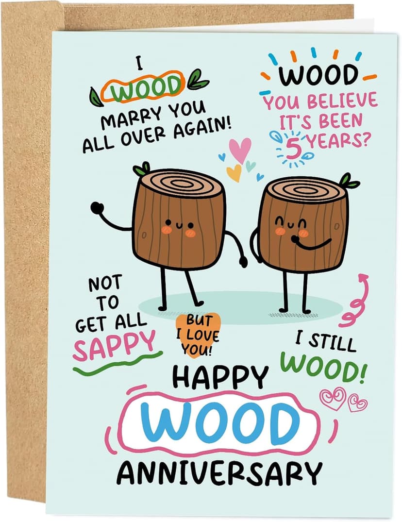 Funny 5th Anniversary Card for Him Her, Pun Wood Anniversary Card for Husband Wife, 5 Years Married Cards Gift