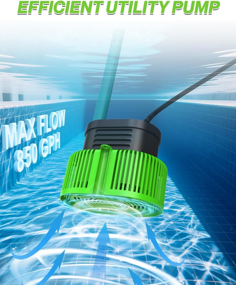 Pool Cover Pump above Ground - Submersible Water Sump Pump Swimming Water Removal Pumps, with Drainage Hose & 25 Feet Extra Long Power Cord, 850 GPH inGround, 3 Adapters