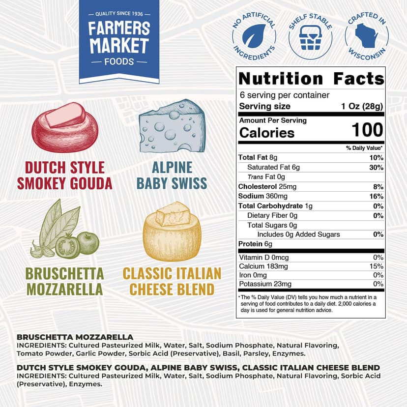Garlic, Smokey Cheddar, Sharp Cheddar, Pepper Jack, Gouda, Swiss, Mozzarella & Italian Blend – Gluten Free, Keto & Paleo Farmers Market Wisconsin Cheese Artisan Gift Set for Charcuterie, 8 Count B0CRMBJ81D